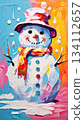 A melting snowman painted in expressive style with vivid tones. Cheerful, whimsical winter charm and playful creativity. 134112657