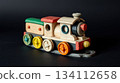 Wooden train. Vintage Christmas toy on a dark background. 134112658