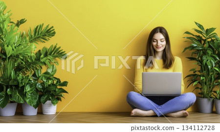 Young Woman with Laptop Sitting on Floor Surrounded by Green Plants 134112728