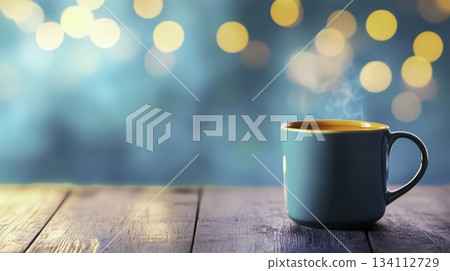 Steam Rising from a Bright Blue Cup on a Wooden Table with Blurry Lights 134112729