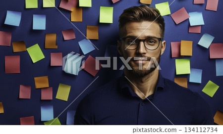 Young man with glasses posing in front of colorful sticky notes background 134112734