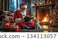 A man in a santa claus suit sitting on the floor reading a book next to a cat 134113057