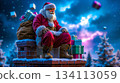 A santa claus sitting on top of a chimney with presents 134113059