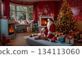A santa claus sitting in front of a christmas tree with presents under it 134113060