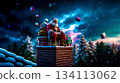 A santa claus sitting on top of a chimney with presents 134113062