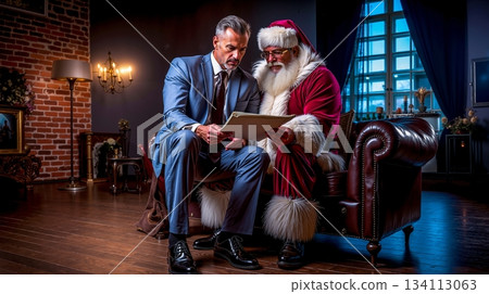 A man sitting on a couch next to a man dressed as Santa Claus 134113063