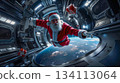 A santa claus in a space station with presents in his hands 134113064