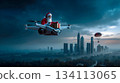 A santa claus flying a drone with a box of presents in the air 134113065