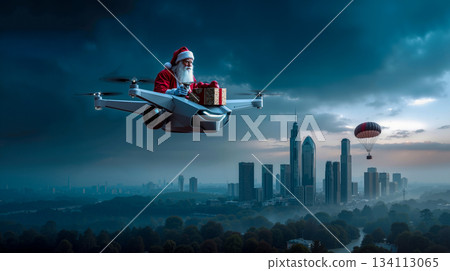 A santa claus flying a drone with a box of presents in the air 134113065