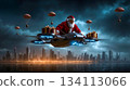A santa claus flying a drone with presents on it flying over a city 134113066