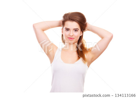Portrait of young teenager woman with long brown hair Portrait of young teenager woman with long brown hair 134113166