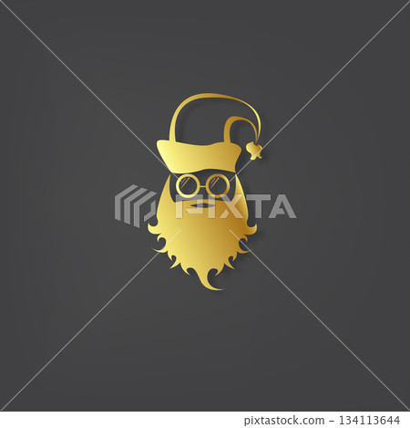 Vector golden silhouette of Santa Claus with shadow isolated on grey background. Santa Claus golden icon, print, badge and label design template. Funky christmas man character with beard and mustache 134113644