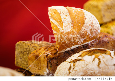 Many rustic fresh bread loaves 134113716
