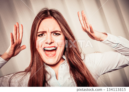 Angry young woman shout. Angry young woman shout. 134113815