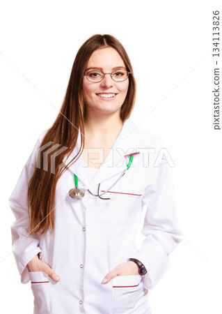 Smiling woman medical doctor with stethoscope. 134113826