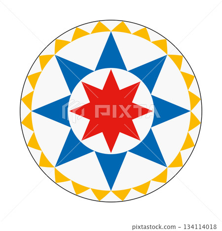 Hex sign with eight-pointed stars, symbol of luck and good fortune. Motif in the style of Pennsylvania Dutch folk art. A red and a larger blue 8-pointed star with jagged orange border on white field. Hex sign with eight-pointed stars, symbol of luck and good fortune. Motif in the style of Pennsylvania Dutch folk art. A red and a larger blue 8-pointed star with jagged orange border on white field. 134114018