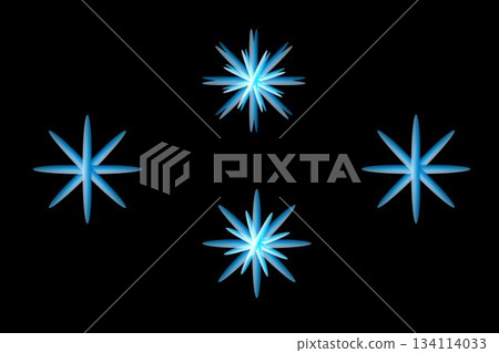 Blue Starburst Sparkle Set Four Bright Snowflake-Like Ornaments on Black Backgroun Blue Starburst Sparkle Set Four Bright Snowflake-Like Ornaments on Black Backgroun 134114033