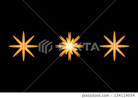 Bright Orange Starbursts With Glowing Center, Three Star Shapes on Black Background Bright Orange Starbursts With Glowing Center, Three Star Shapes on Black Background 134114034