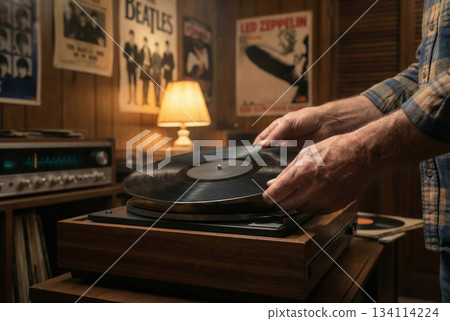 Man Plays Vinyl Disc in Room 134114224
