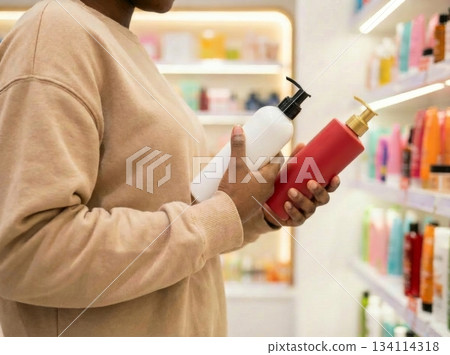 African American woman compares two bottles of haircare products in a store, making a conscious choice while shopping for shampoo or cosmetic treatment. 134114318