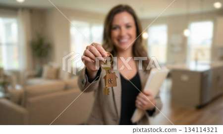 Close-up of keys with blurred smiling woman real estate agent offering new home to client, holding documents, standing in modern bright apartment interior. 134114321