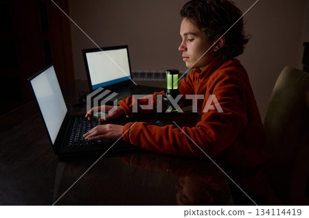 Young Person Working On Laptop With Microphone At Desk For Streaming Or Podcast 134114419