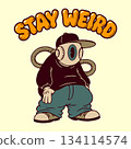 Retro Cartoon Eyeball Mascot with "Stay Weird" Bubble Lettering (AI Generated) 134114574