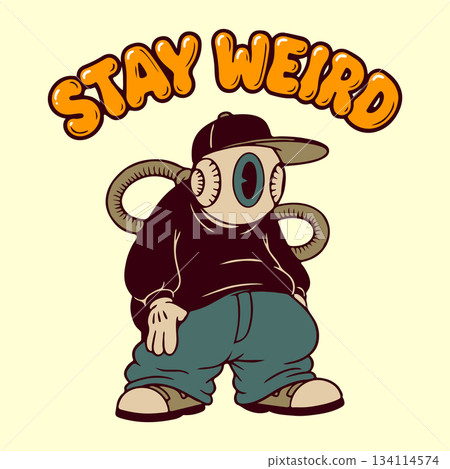 Retro Cartoon Eyeball Mascot with "Stay Weird" Bubble Lettering (AI Generated) 134114574