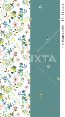 Assorted floral geometric and heart pattern panel designs in soft pastel colors 134114903