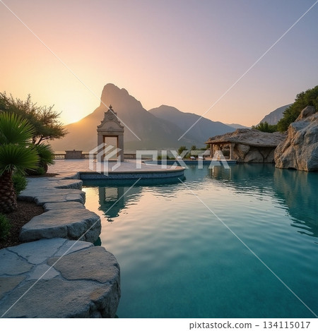 Scenic sunset at a tranquil poolside retreat near mountains Generative AI 134115017