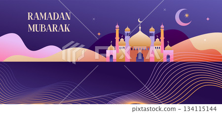 Ramadan Kareem greeting card template and wallpaper design. Modern geometric Islamic desert city 134115144
