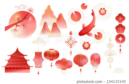 Red and gold Chinese watercolor illustrations and decorative elements collection 134115145