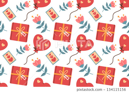 Festive seamless pattern for Valentine's Day. Flowers, a heart, a gift, and a heart-shaped balloon. Flat style illustration. Festive seamless pattern for Valentine's Day. Flowers, a heart, a gift, and a heart-shaped balloon. Flat style illustration. 134115156