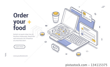 Order Your Food Online For Delivery Service Isometric Banner Vector Illustration 134115375