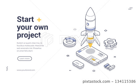 Start Your Own Business Project Rocket Launch Isometric Banner Vector Illustration 134115386