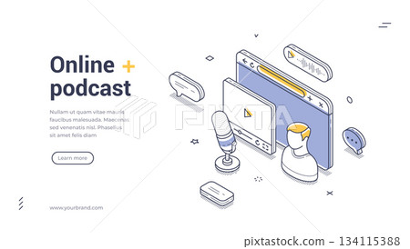 Online Podcast And Streaming Show Isometric Banner Vector Illustration 134115388