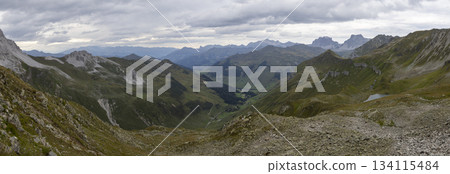 View into the valley of Sankt Antonien from Gafier Joch near the Gafiersee lake along the Smugglerpfad trail in Switzerland View into the valley of Sankt Antonien from Gafier Joch near the Gafiersee lake along the Smugglerpfad trail in Switzerland 134115484