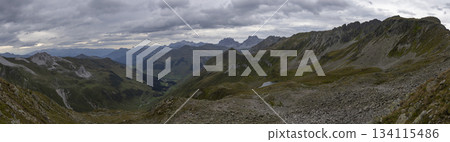 View from Gafier Joch into the valley of Sankt Antonien in Switzerland on the Smugglerpfad trail 134115486