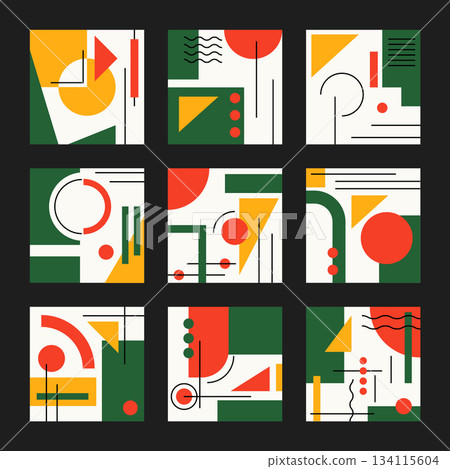 Set of colourful poster with geometric shape and line set. abstract pattern, design line art, trendy style. Bauhaus illustration with circle, square, triangle. design for cards, invitation	 134115604