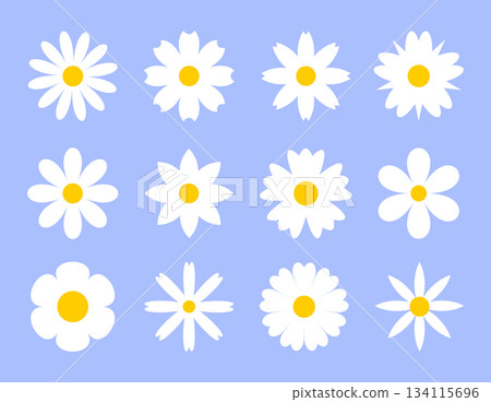 set of black daisies from geometric figures, collection of abstract silhouettes of flowers flowers icons isolated on white	 134115696