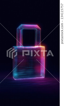 Cybersecurity Lock Icon Futuristic Neon Grid Design 134115757