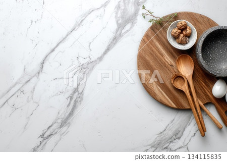 Elegant Food Photography Wooden Utensils, Marble, and Bowls Elegant Food Photography Wooden Utensils, Marble, and Bowls 134115835
