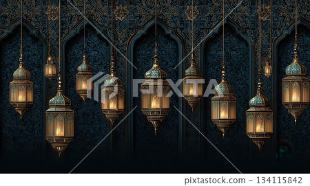 Elegant Gold and Teal Lanterns with Islamic Design Elements 134115842