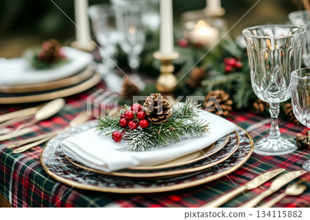 Ralph Lauren Style Christmas Table with Vintage Decor and Tools. AI 134115882