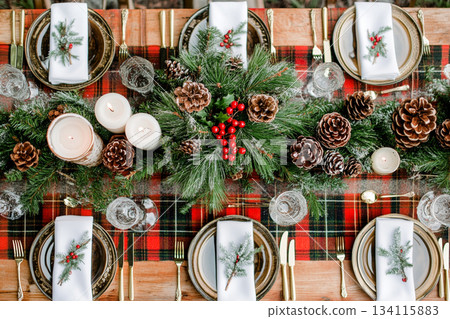 Ralph Lauren Style Christmas Table with Vintage Decor and Tools. AI 134115883