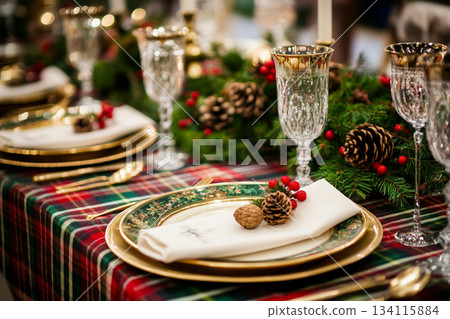 Ralph Lauren Style Christmas Table with Vintage Decor and Tools. AI 134115884