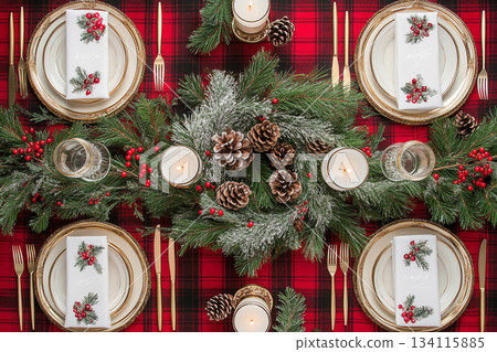 Ralph Lauren Style Christmas Table with Vintage Decor and Tools. AI 134115885