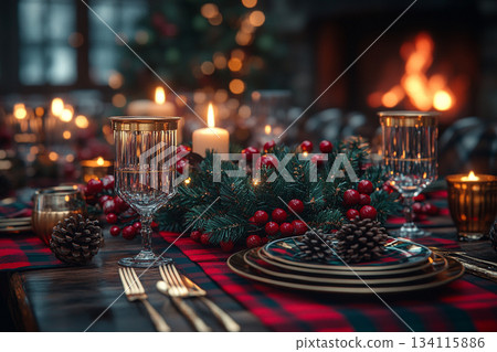 Ralph Lauren Style Christmas Table with Vintage Decor and Tools. AI Ralph Lauren Style Christmas Table with Vintage Decor and Tools. AI 134115886