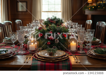 Ralph Lauren Style Christmas Table with Vintage Decor and Tools. AI 134115888