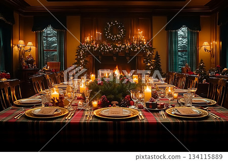 Ralph Lauren Style Christmas Table with Vintage Decor and Tools. AI 134115889